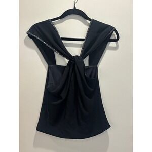 NWT Jackie Rogers‎ Silk Blk Sleeveless Rhinestone Trim Twist Front Party Top Vtg
